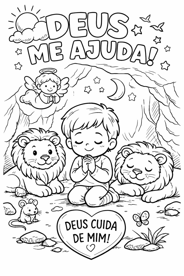 Atividade para colorir 'Deus me ajuda' com Daniel e os leões