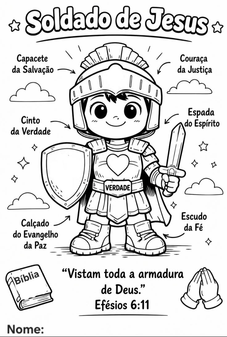 Atividade para colorir 'Soldado de Jesus' com a armadura de Deus