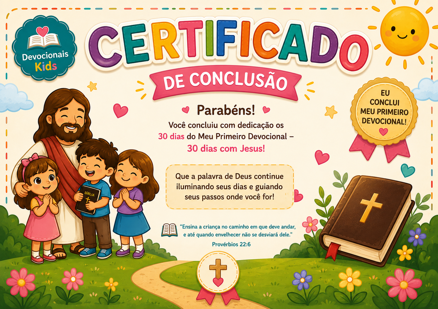 Certificado de conclusão do devocional infantil 30 dias com Jesus